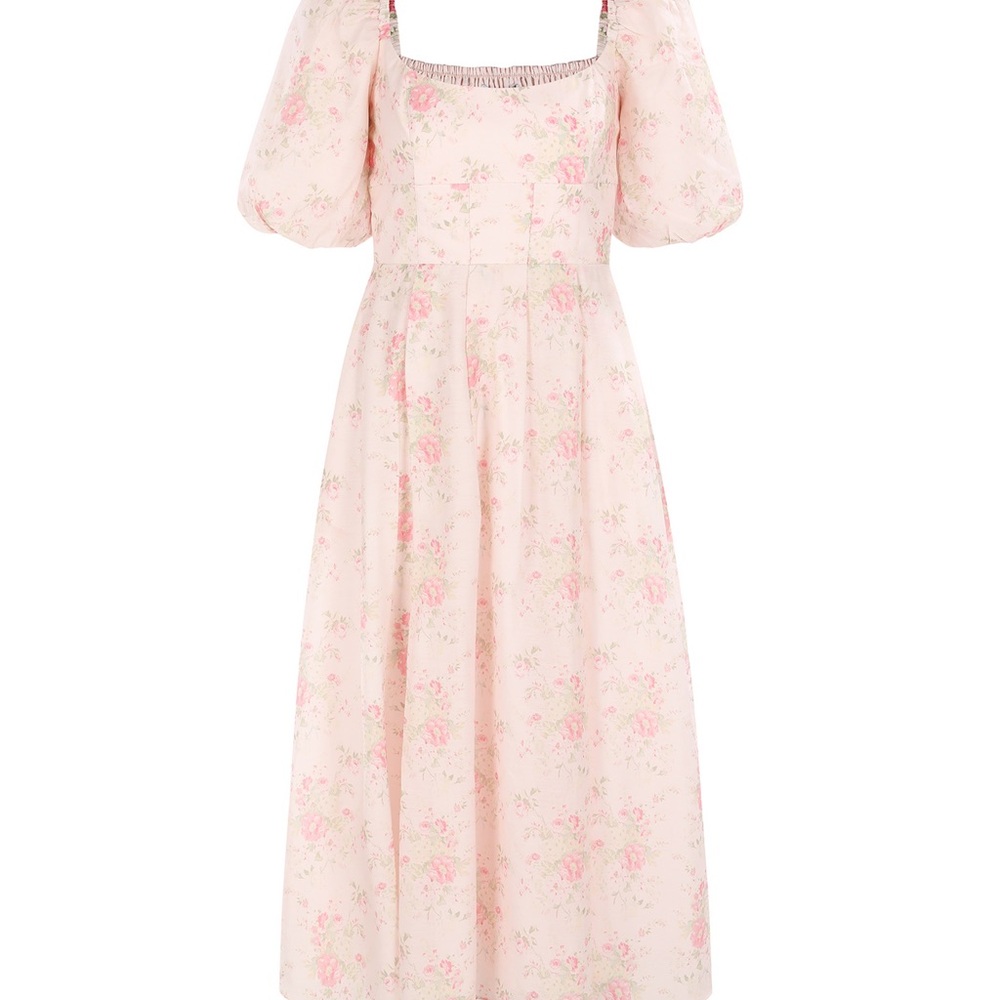 Puff-Sleeve Floral Midi Dress in Light Pink